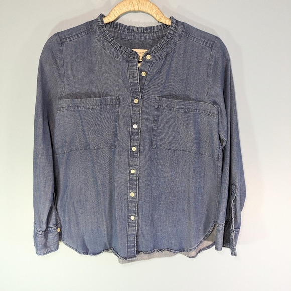 LOFT Chambray Ruffled Neck Button Down Shirt - Picture 1 of 5